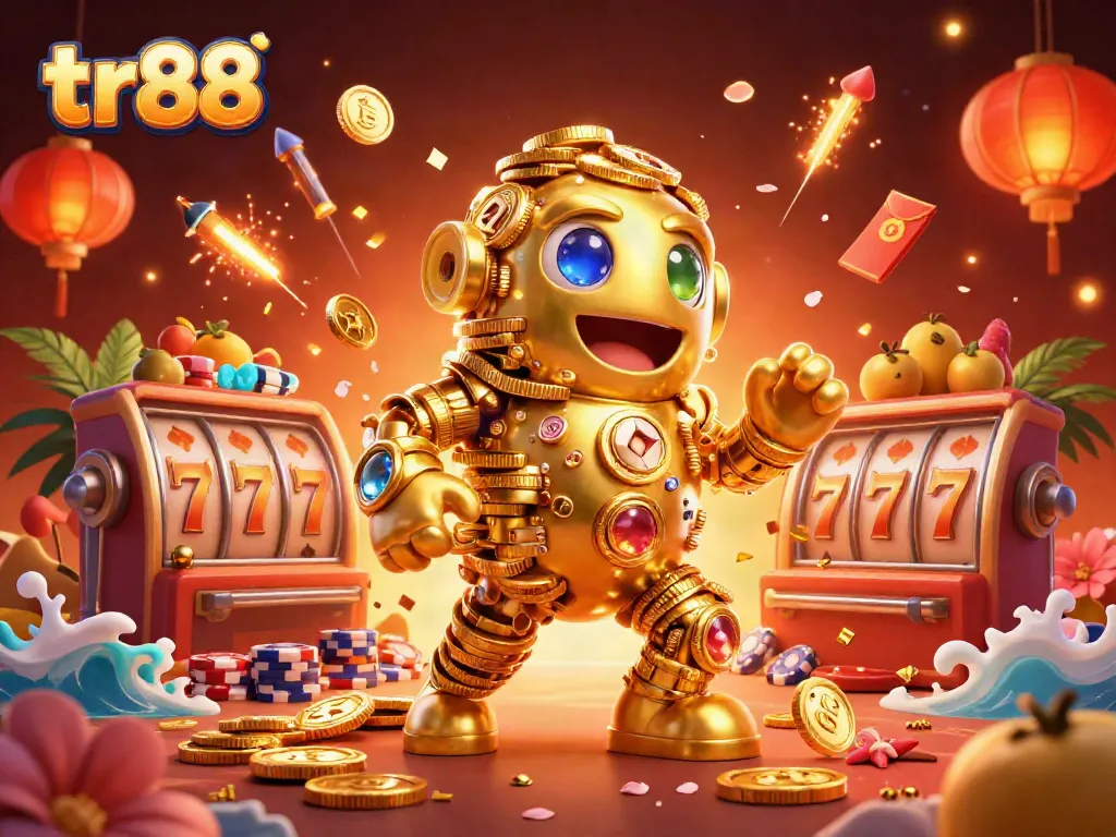 Experience the excitement of tr88 with a dynamic illustration featuring golden golems and slot machines.