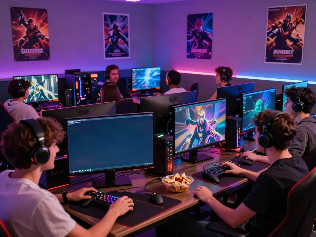 Friends enjoying games together in a colorful gaming lounge at kilat404.