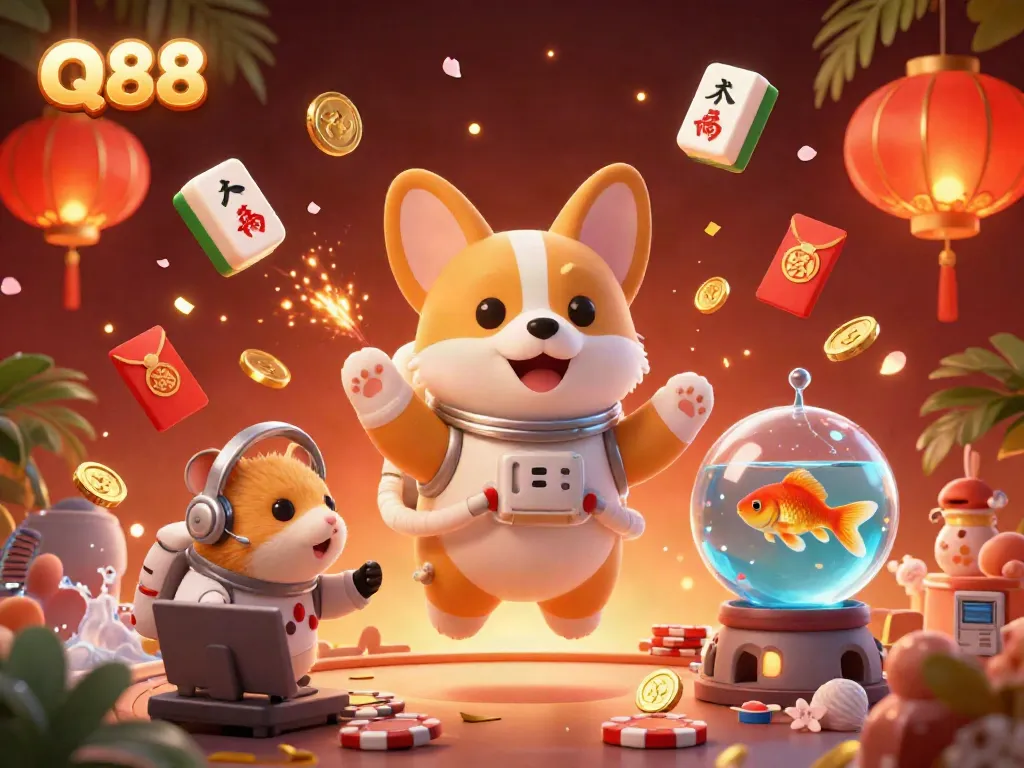 Experience winning at Q88 casino with a 3D astronaut corgi amidst floating poker chips and golden coins.