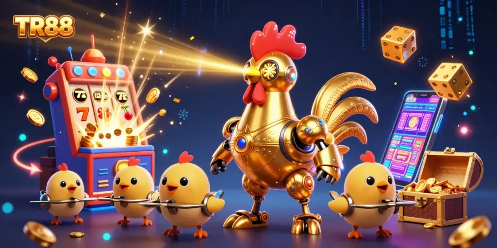 Engage with TR88 in this vibrant casino scene featuring golden robot and baby chick drones amid jackpot excitement.