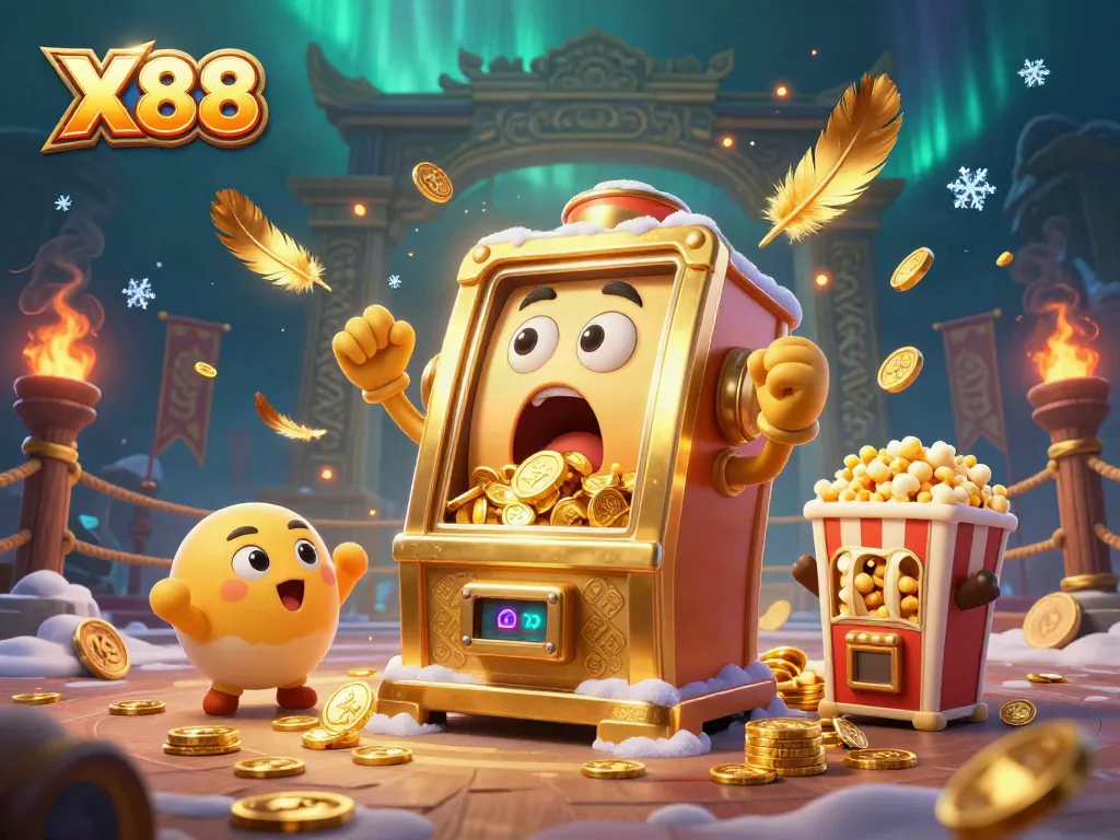 X88 slot machine celebrating jackpot wins with coins in a vibrant casino scene filled with cheering machines.