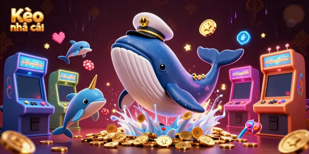 Engage with Kèo nhà cái through a vibrant scene featuring a breaching whale and playful dolphins amid golden coins.