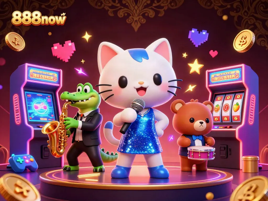 Experience exciting gaming with 888now through a vibrant casino illustration showcasing characters and games.