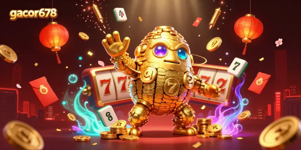 Engage with gacor678's thrilling slot action in this vivid 3D casino illustration, featuring a golden golem and vibrant symbols.