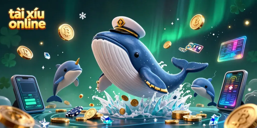 Engage in thrilling tài xỉu online action alongside cartoon whale and dolphins in a vibrant casino scene.