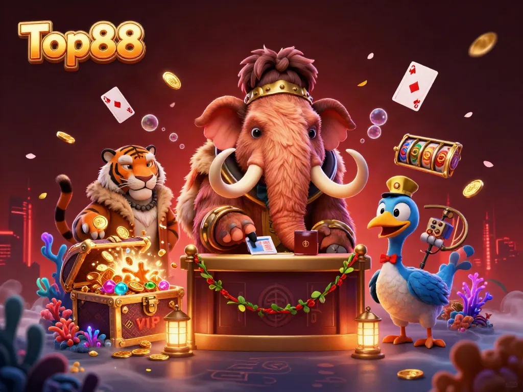 Experience Top88 casino excitement with a mammoth bouncer, saber-tooth guest, and dazzling gems.