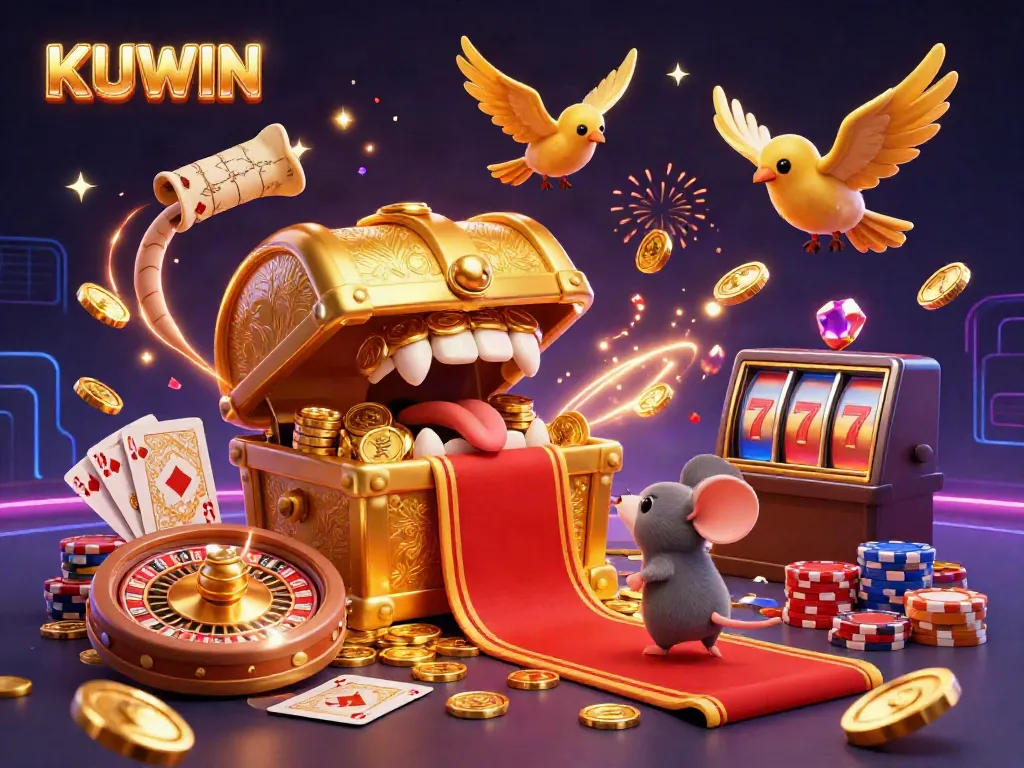 Spin the reels at KUWIN with golden treasures and vibrant casino elements in a 3D illustration.