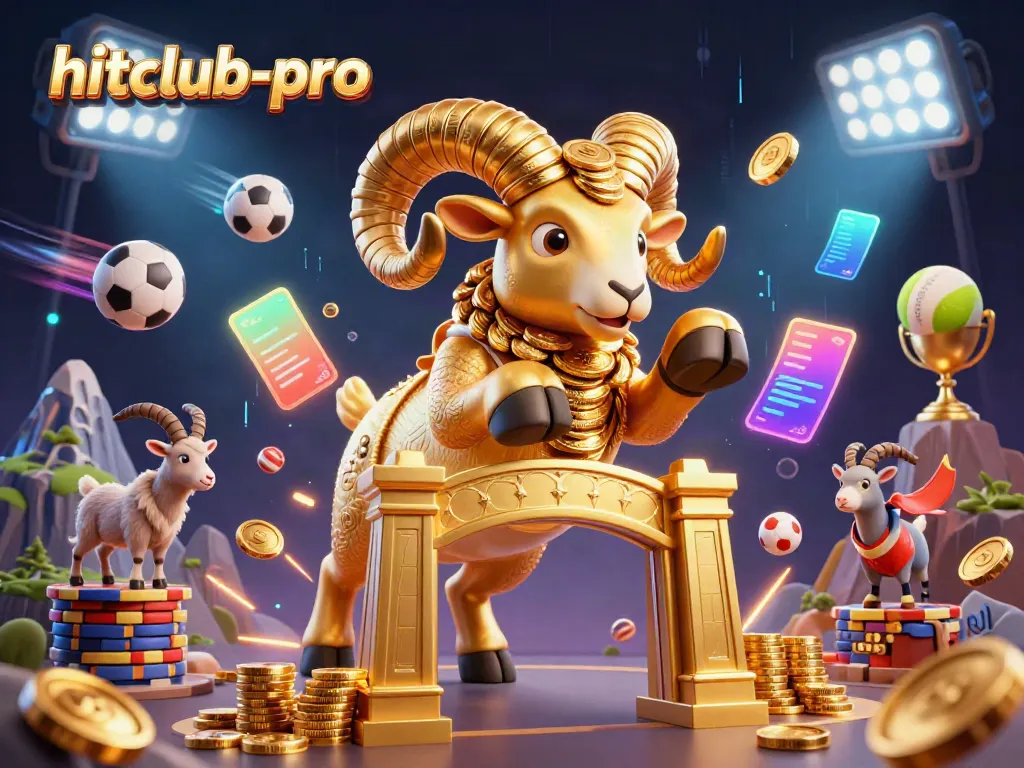 Experience the thrill of hitclub-pro with a golden ram and dynamic sports elements in 3D.