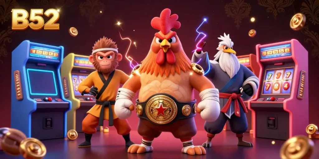 Experience the thrilling environment of B52 with a colorful 3D casino scene featuring a Muay Thai rooster, martial artists, and arcade elements.