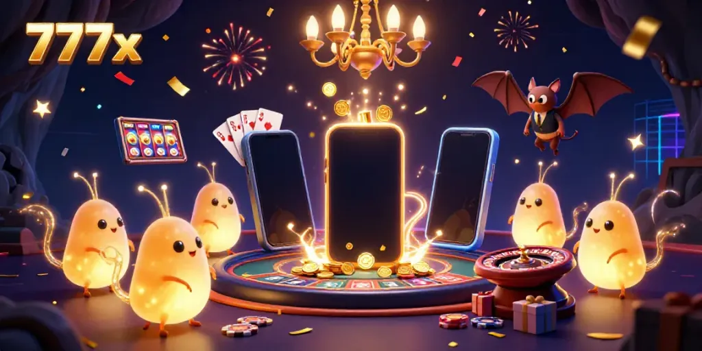 Engage in thrilling gaming at 777x with glowworms illuminating a cave-like casino scene, showcasing slot games and vibrant energy.