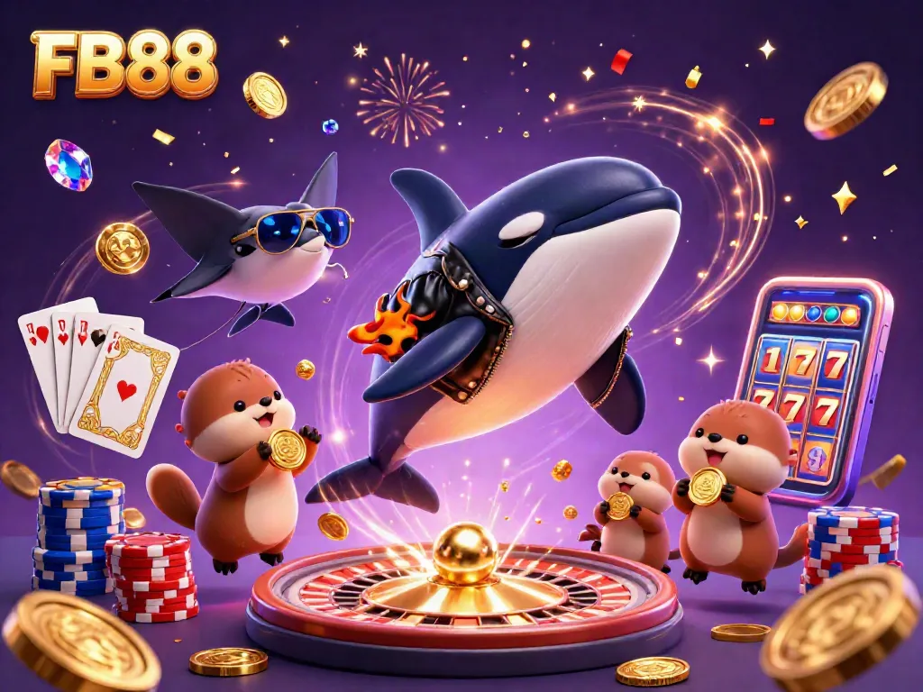 Experience thrilling gaming with FB88 as an orca, stingray, and otters celebrate winning with cascading coins.