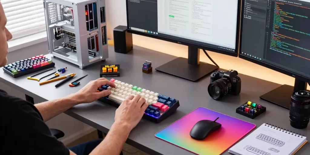 Custom Wooting 60HE v2 keyboard assembly at a modern workspace with colorful switches and keycaps.