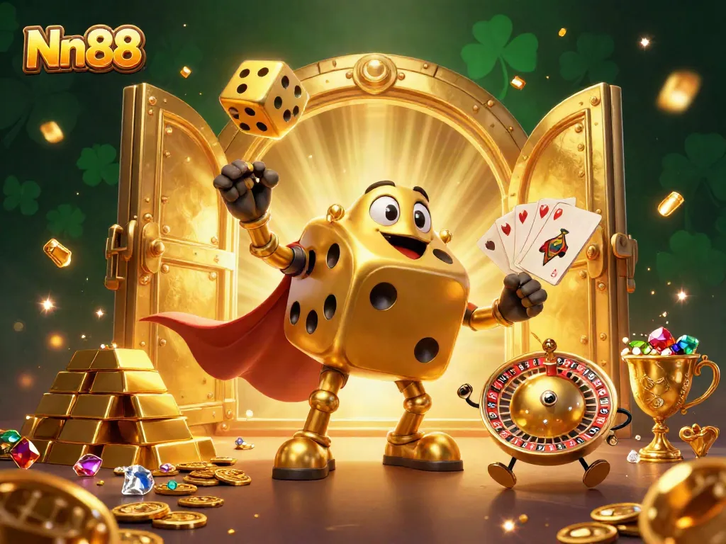 Nn88 offers vibrant casino action with golden dice and treasures in a dynamic 3D illustration.