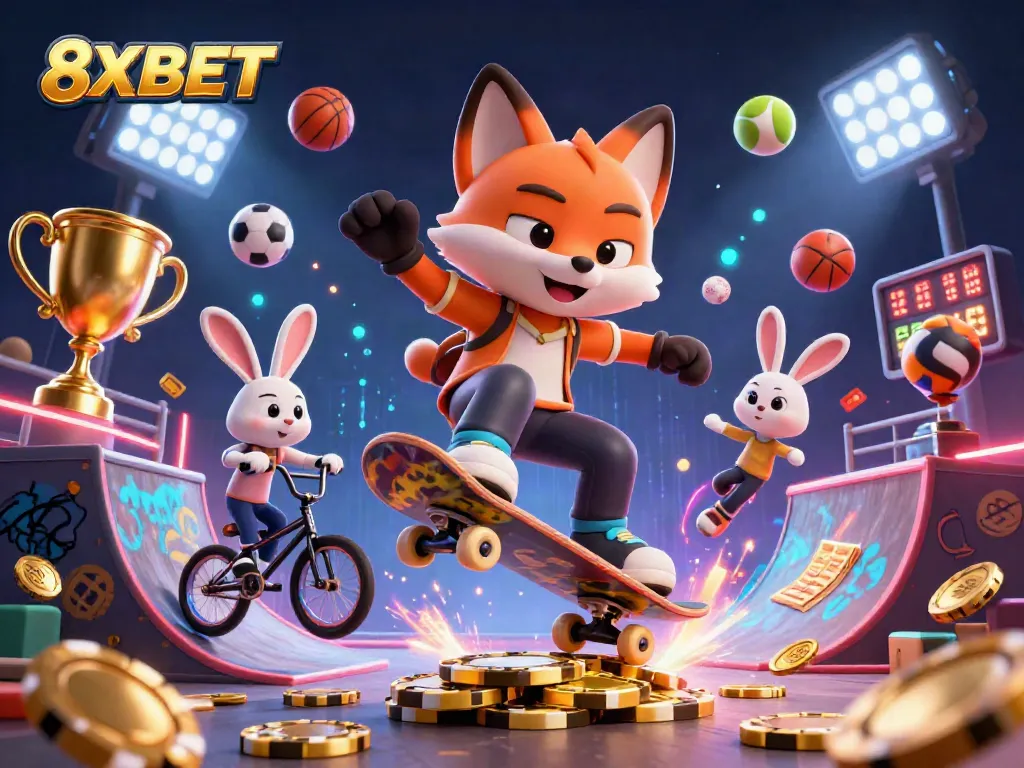 Experience thrilling action at 8XBET with cartoon fox and rabbit amidst dynamic casino elements.