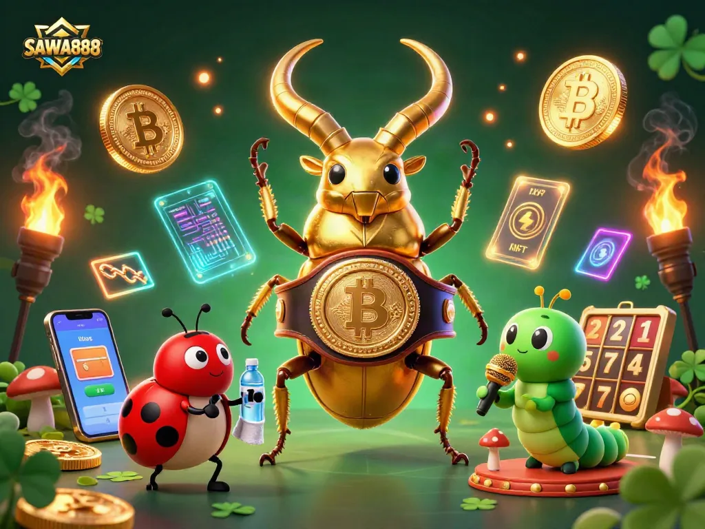 Experience thrilling slots at SAWA888 with a golden stag beetle champion, crypto elements, and vibrant gaming decor.