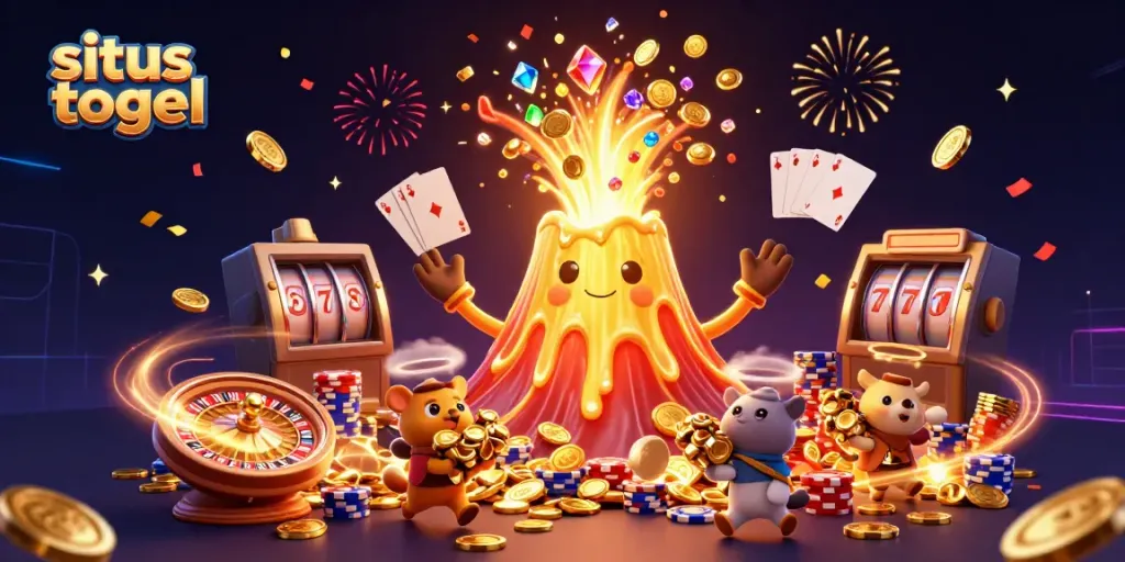 Experience the excitement of situs togel with a volcano erupting treasure, vibrant casino elements, and engaging characters.