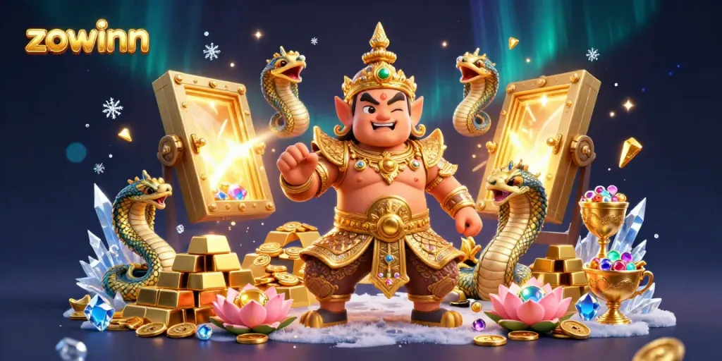 Zowinn enhances gaming with a vibrant 3D illustration showcasing treasure and excitement in online gambling.