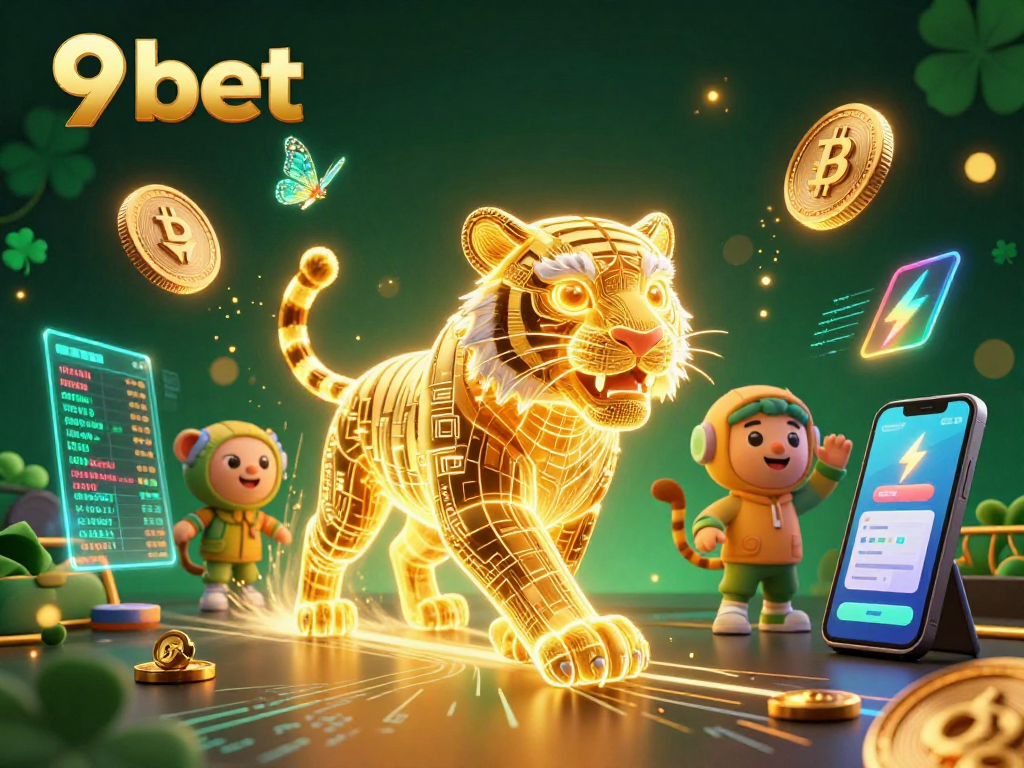 Engage with thrilling 9bet experiences in a vibrant digital casino scene filled with crypto elements.