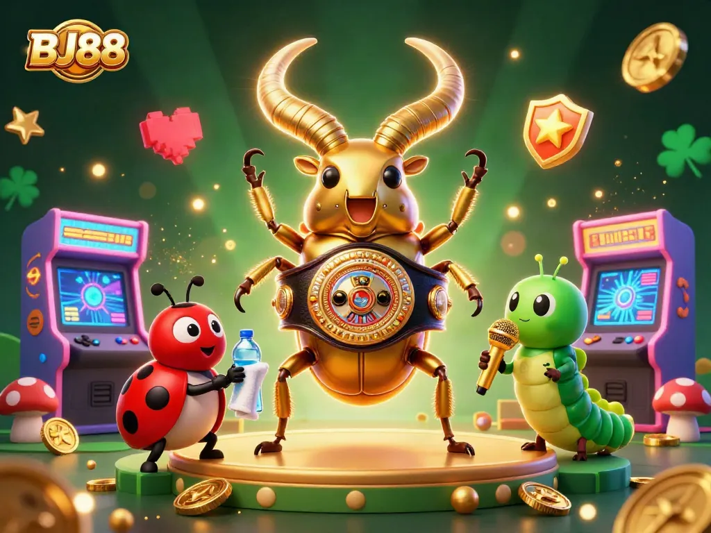 Experience thrilling gaming with BJ88, where a fierce stag beetle and friends celebrate casino fun.
