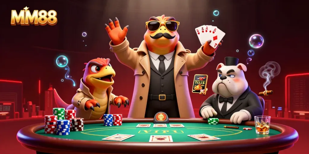 Experience thrilling gaming with MM88 in a vibrant casino scene featuring playful raptors.