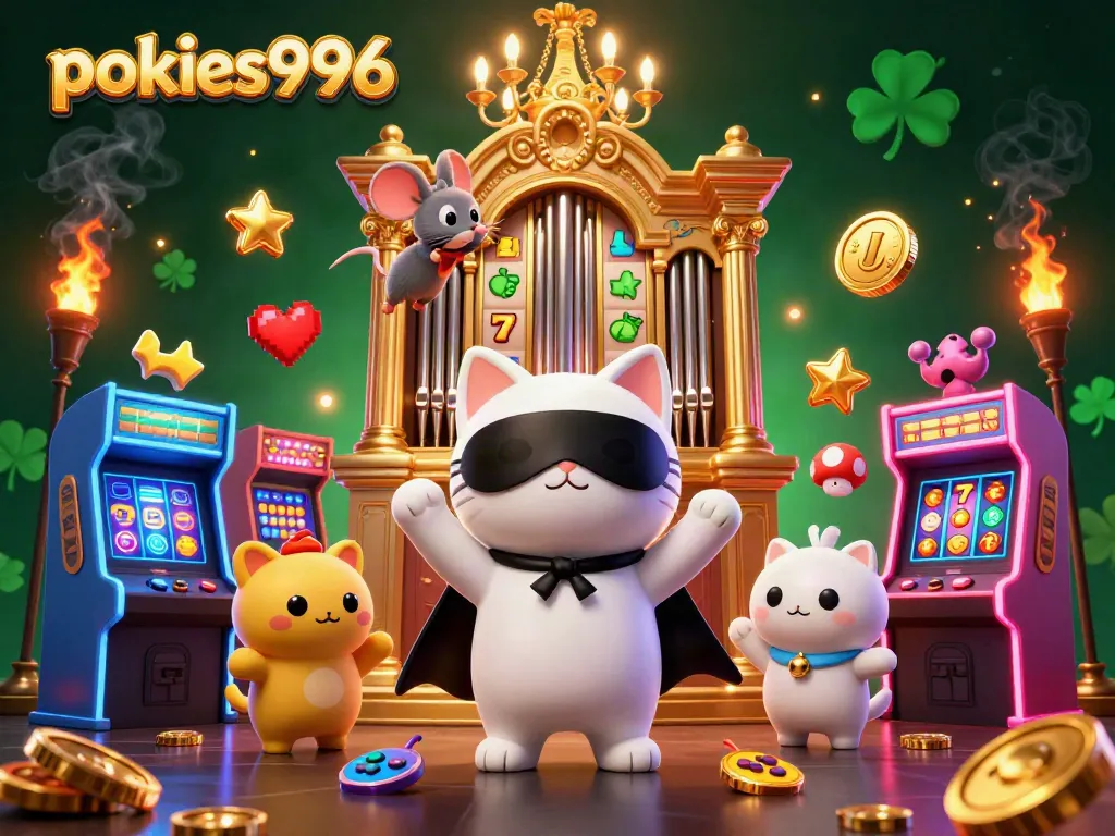 Experience pokies996 thrill with dynamic characters, slot reels, and festive casino elements.