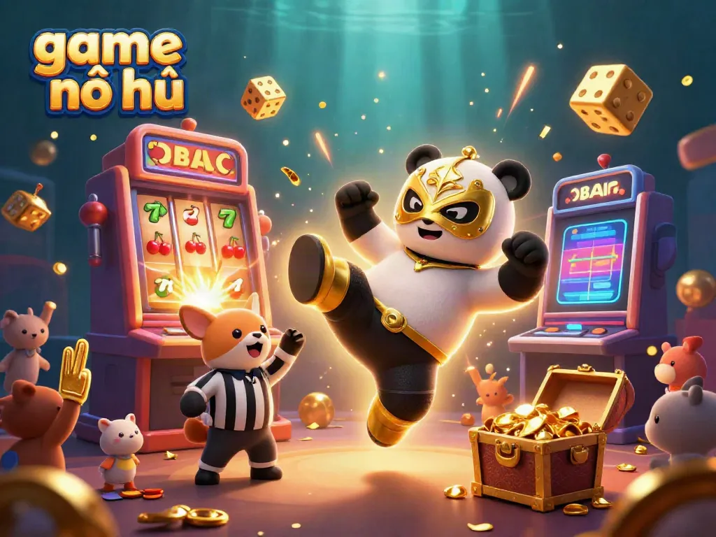 Experience thrilling action with game nổ hũ featuring a panda wrestler, slot machines, and excited animal spectators.