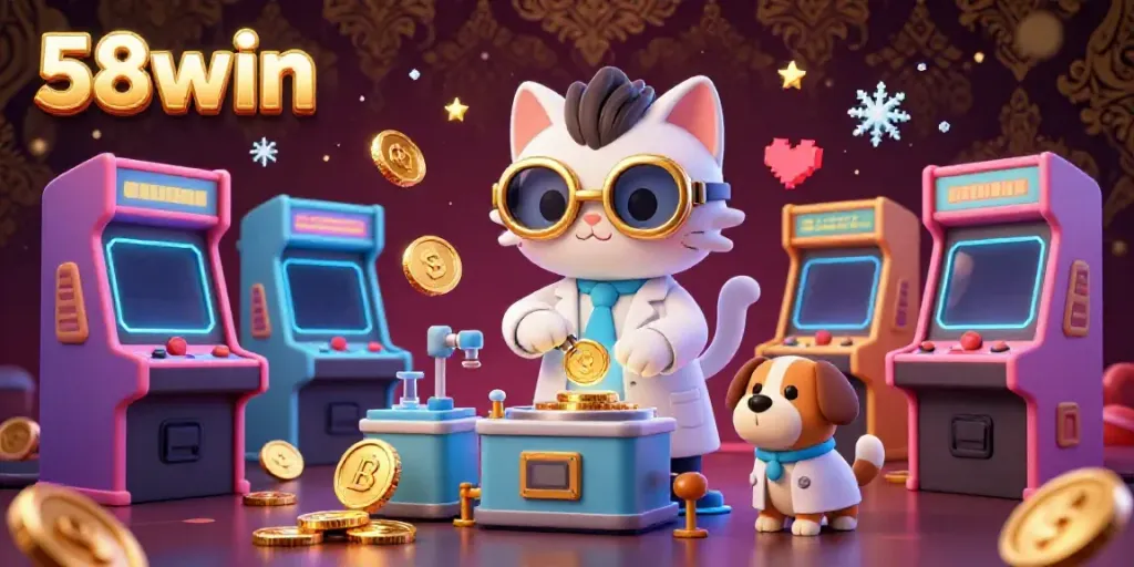 Experience thrilling gaming at 58win with a vibrant mad scientist cat and dog in a casino-themed arcade.