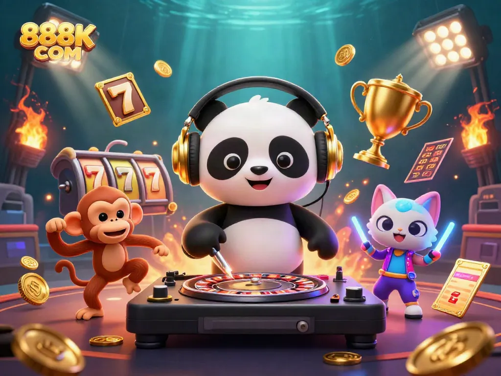 Engage in thrilling gameplay at 888K COM with vibrant characters like DJ panda and glowing effects.