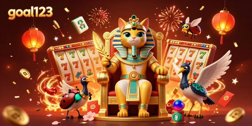 Spin for big wins with goal123 as an Egyptian pharaoh cat reigns over a packed casino scene.