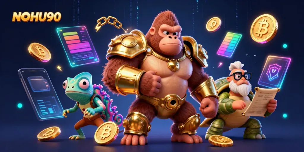 Experience the excitement of NOHU90 in a vibrant, dynamic casino world filled with crypto elements and gaming fun.