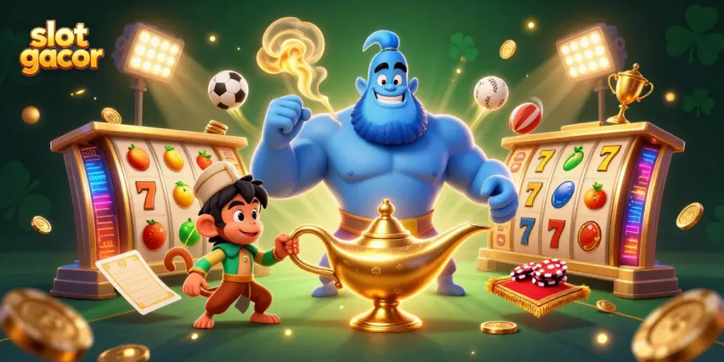 Permainan slot gacor menampilkan lampu genie yang menarik dan karakter ceria, penuh detail dalam ilustrasi 3D.