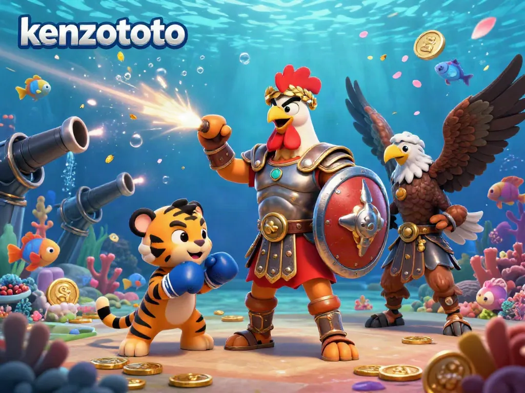 Kenzototo engages players in a thrilling underwater fish shooting game with vibrant sea creatures and gold coins.