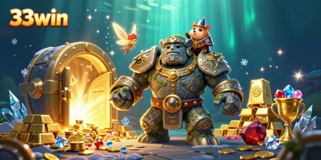 Experience the thrill of 33win with magical characters and treasure in a dazzling casino scene.