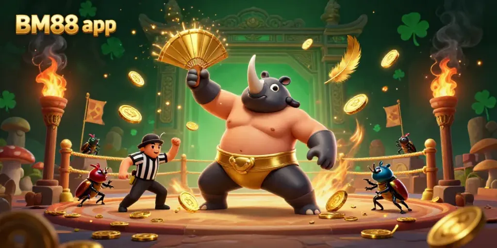 Experience the thrill of the BM88 app with a lively scene of a sumo champion beetle amidst golden coins and cheering spectators.