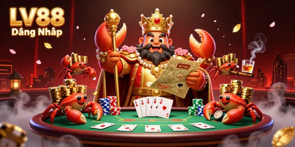 Join the excitement at LV88 Đăng Nhập with golden crab emperor surrounded by poker elements and gaming excitement!