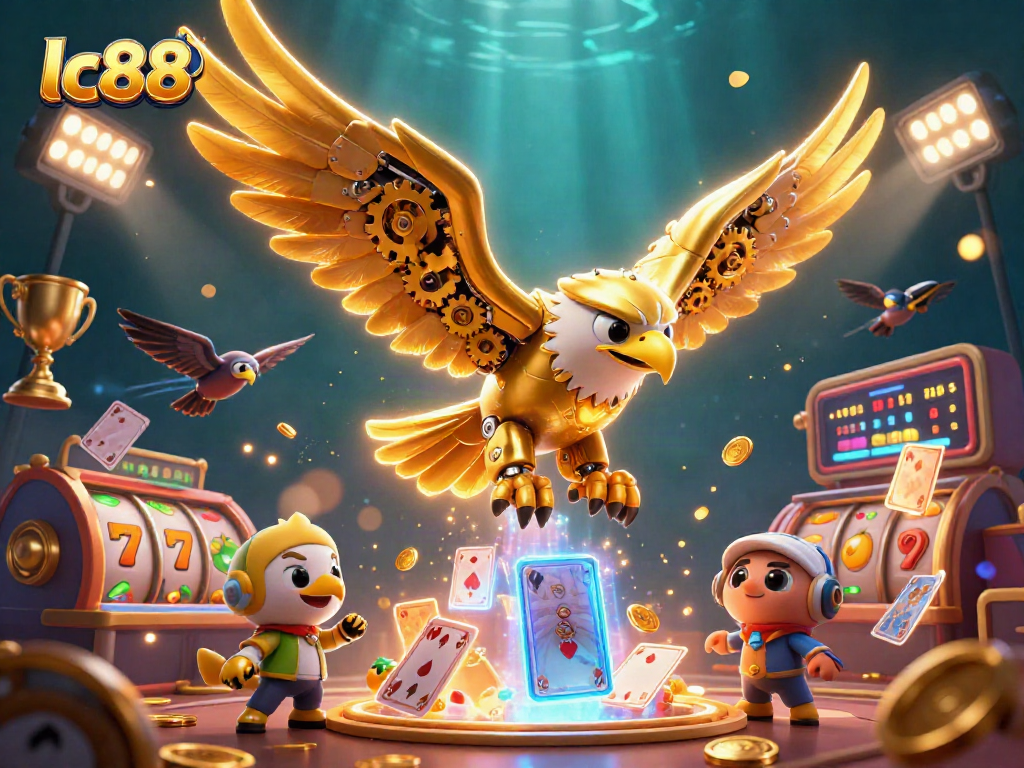 Experience the excitement of lc88 casino slots with a dynamic golden eagle and vibrant slot reels.