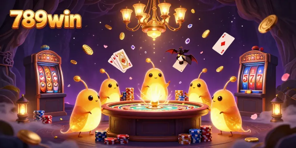 Experience the thrilling world of 789win with glowing cartoon glowworms lighting a vibrant casino scene.