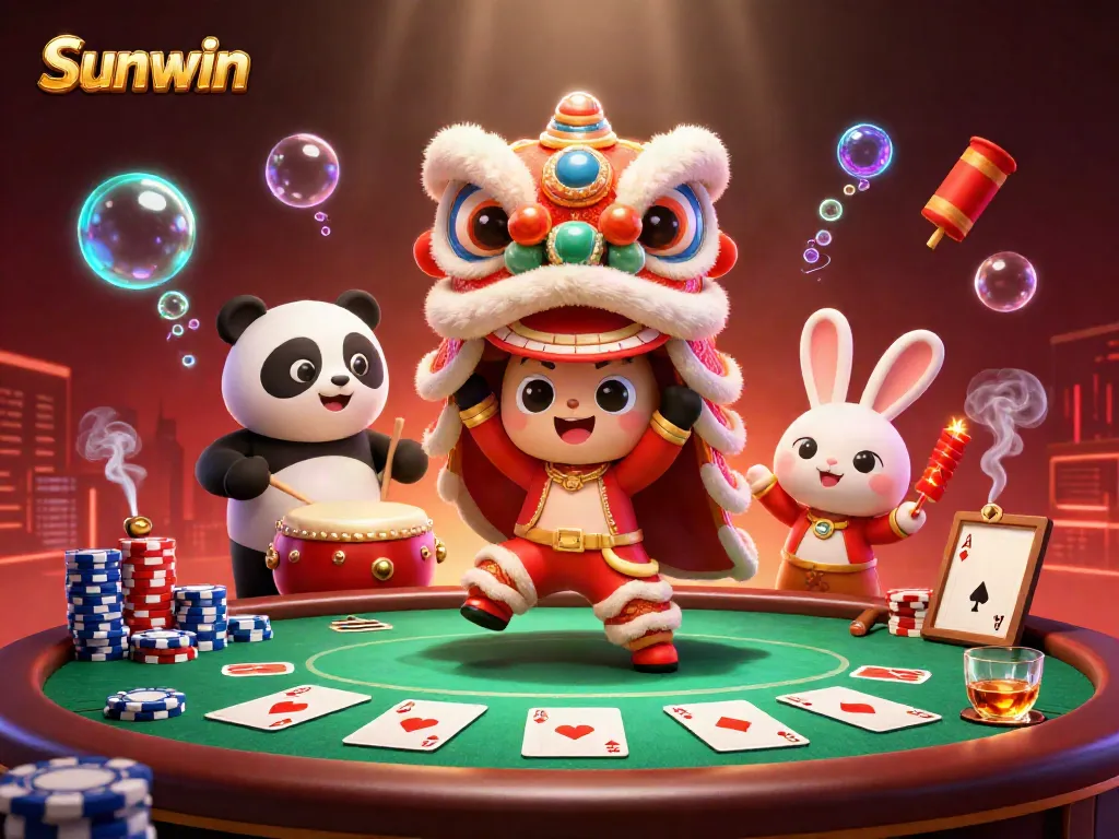Experience thrilling gameplay with Sunwin's energized casino scene featuring poker elements and festive characters.