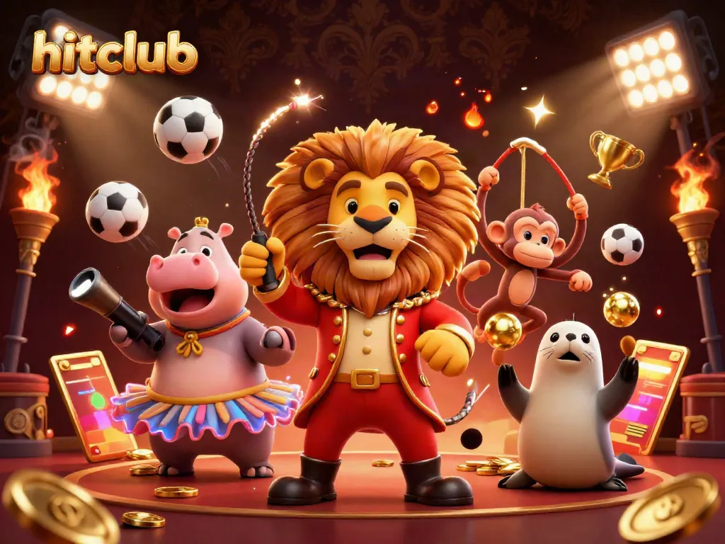 Engage in thrilling gameplay at hitclub with a vibrant 3D circus scene featuring animated characters and sports elements.