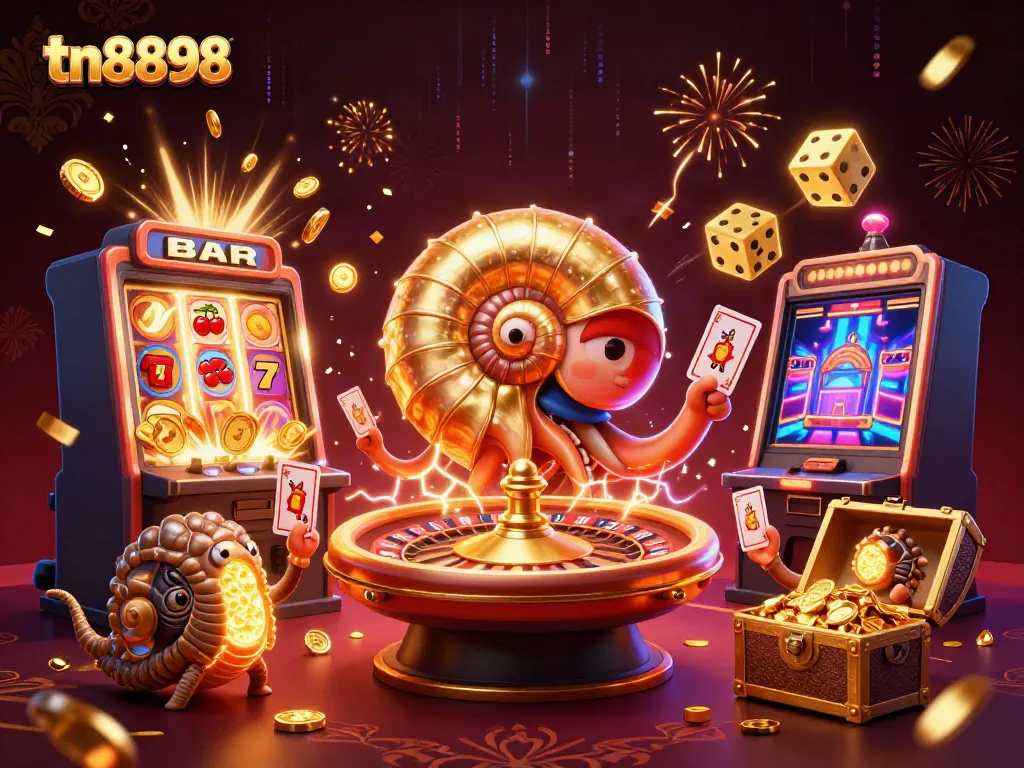 Experience tn8898's thrilling casino action with golden nautilus and jackpot elements in vibrant scene.