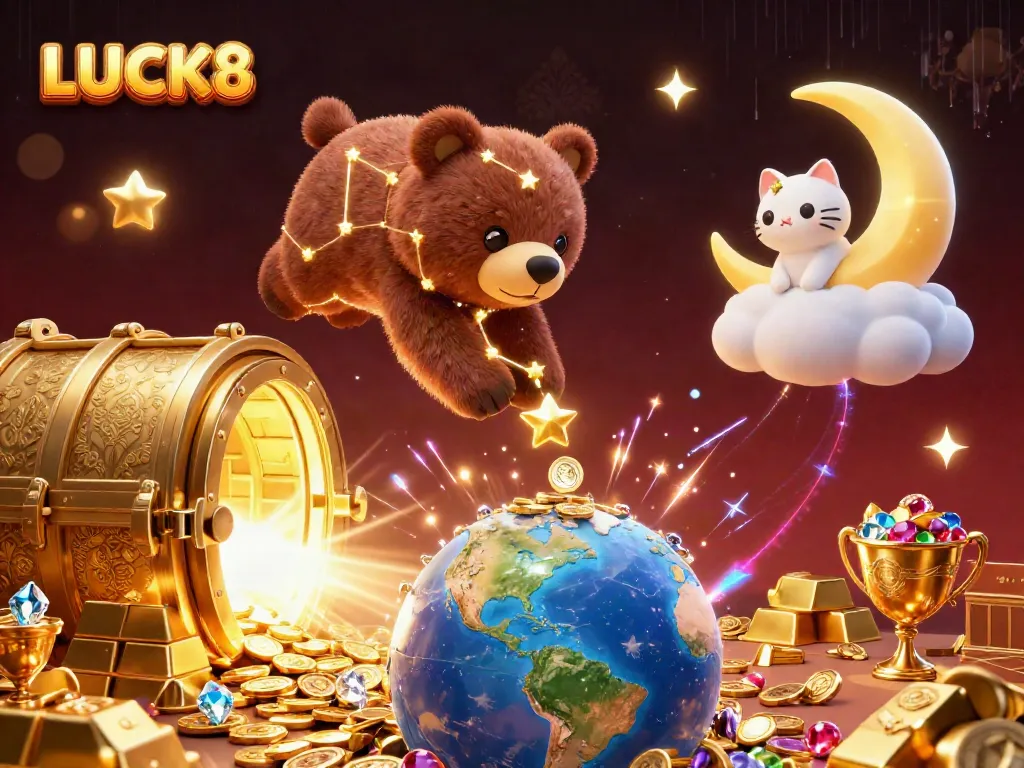 Experience the thrilling world of LUCK8 with an enchanting scene of a constellation bear, gold treasures, and elegant casino elements.