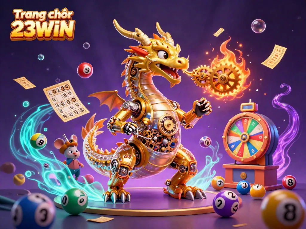 Engage with excitement at Trang chủ 23WIN, featuring a vibrant scene of a golden dragon amidst lottery elements.