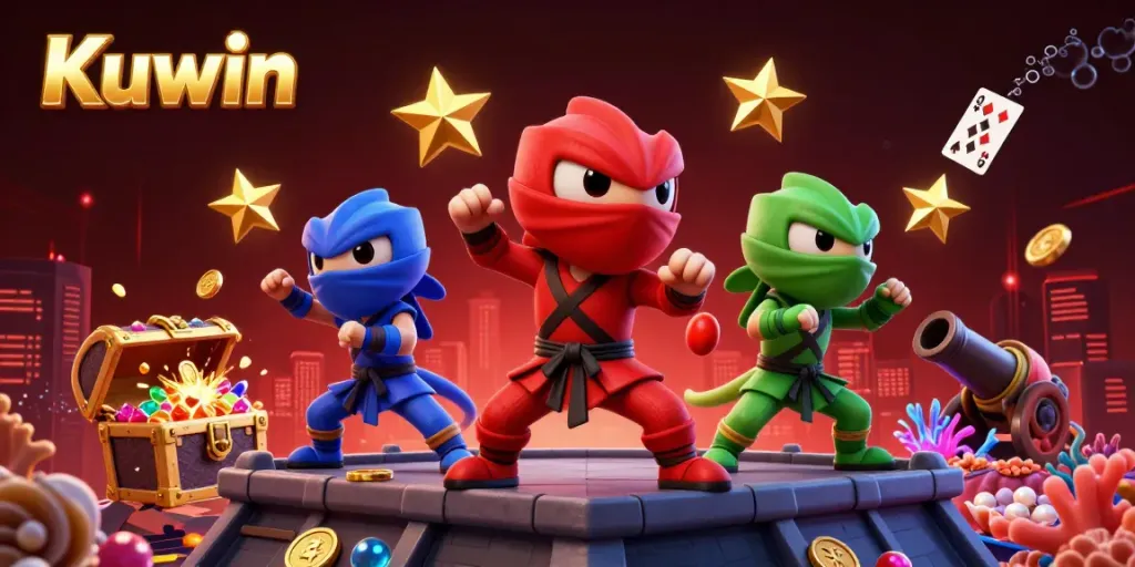 Kuwin offers a vibrant 3D visual of ninja chameleons in action with casino elements.