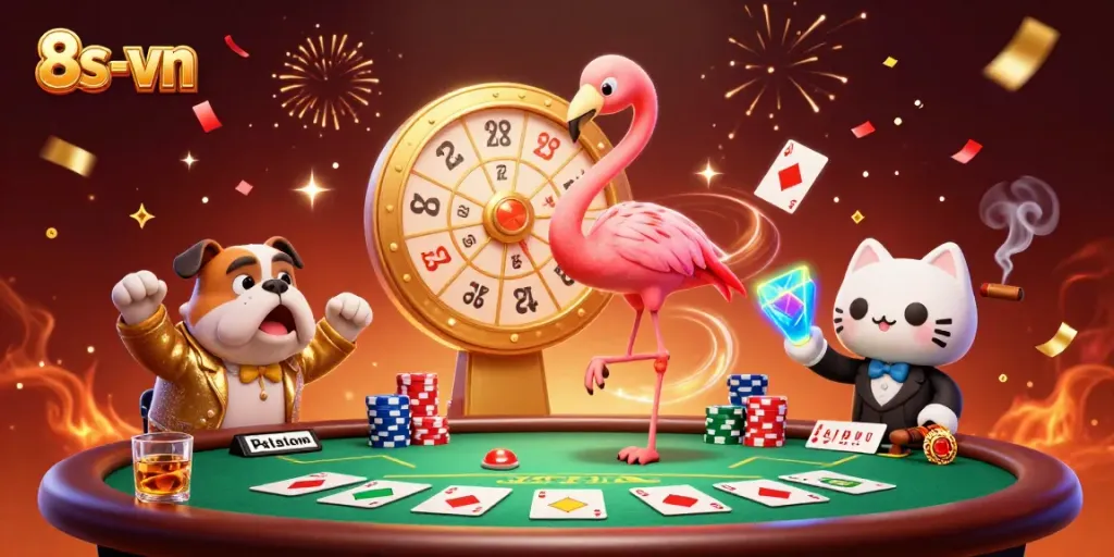 Engaging scene depicting a game show host flamingo and a bulldog contestant celebrating casino wins at 8s-vn.