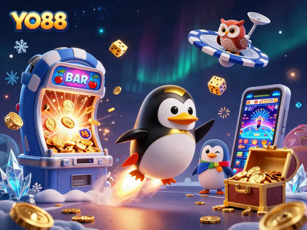 Experience thrilling wins with YO88 in this vibrant 3D scene filled with golden casino rewards.