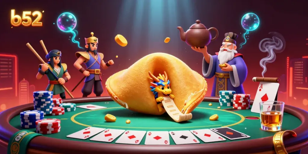 Experience thrilling gambling with the b52-themed illustration showing a fortune cookie and poker elements.