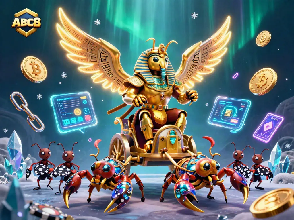 Engage with ABC8's vibrant casino world featuring a golden scarab riding scorpions amid crypto elements.