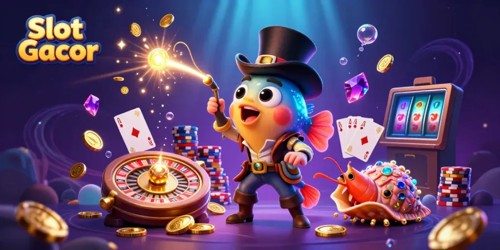 Slot Gacor interactive scene featuring a glowing anglerfish, pirate shrimp, and gem snail attracting golden coins in a casino backdrop.