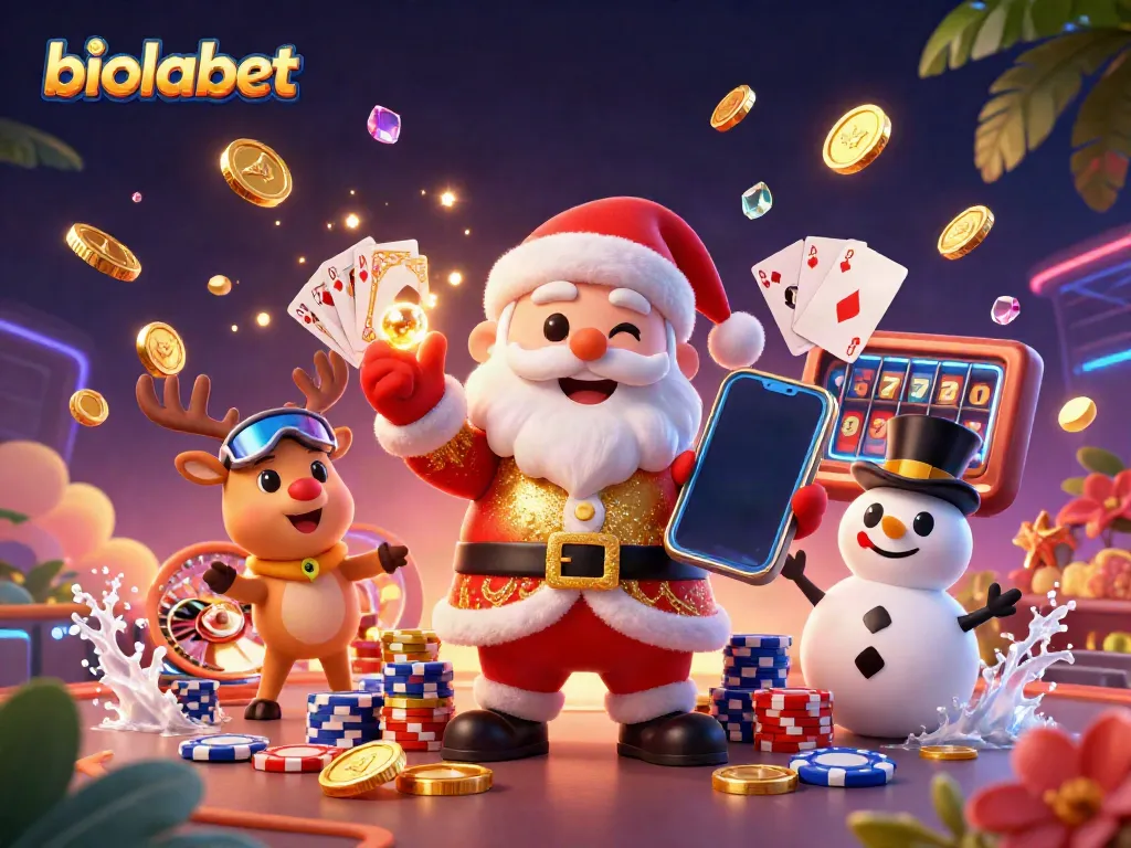 Experience the excitement of biolabet with Santa, his reindeer, and a snowman in a vibrant casino scene.