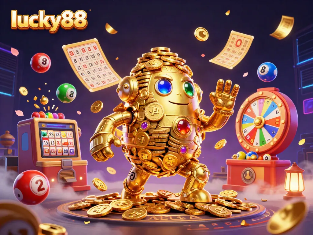 Experience the magic of lucky88 with a golden golem surrounded by vibrant casino elements.